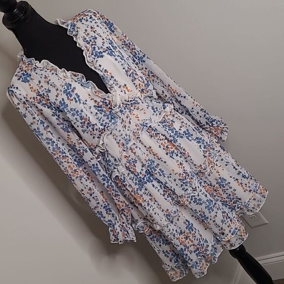 Summer dress, very feminine sz M flounce open Back chiffon dress, lined - Picture 1 of 14